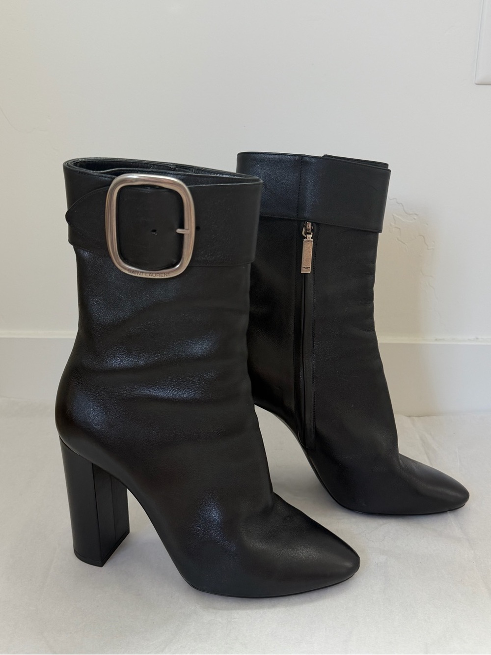 Saint Laurent Black Leather Buckle Ankle Boots Size 39